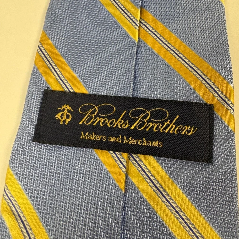 Brooks Brothers Makers Silk Tie Light Blue Yellow Striped Repp Made in USA